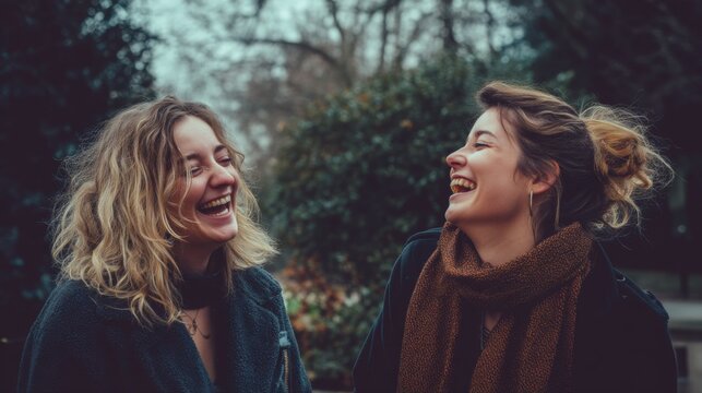 Two smiling women sharing joyful laughter during an informal portrait session