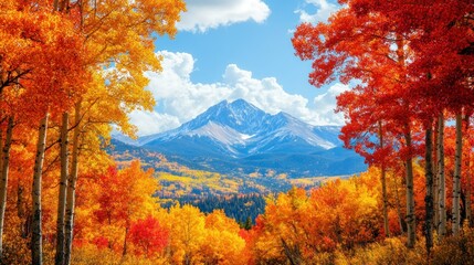 Fototapeta premium Vivid autumn foliage frames a snow-capped mountain peak under a bright blue sky