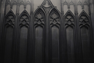 Naklejka premium Architectural Elegance: An image of intricate gothic architecture, the dark lines and patterns forming a symmetrical harmony, the arched designs exuding a timeless character.