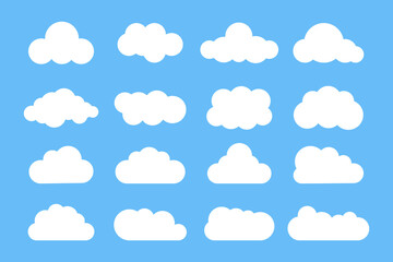 White clouds flat shapes set. Abstract fluffy clouds icons on blue sky background.