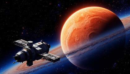 Naklejka premium A spaceship orbits a vivid red planet against a backdrop of stars and cosmic hues, evoking a sense of space exploration and discovery.