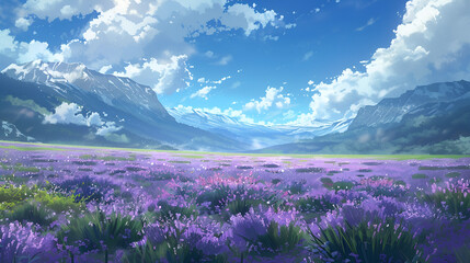 Fototapeta premium Landscape featuring a lavender field with mountains and a bright cloudy sky in the background .
