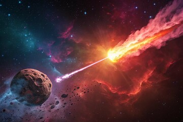 Abstract Space Background with Burning Comet, Laser Flash, and Red Neon Explosions
