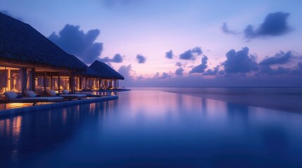 Obraz premium Tranquil Sunset Overwater Bungalows with Infinity Pool in Serene Tropical Paradise