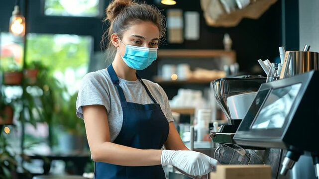 A caf&eacute; worker in a navy blue apron and protective mask, standing at the cash register with a friendly but cautious expression, ready to take an order.