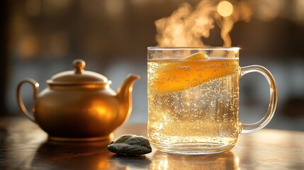 Warm drink with lemon slice, steam rising