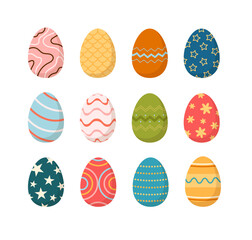 Fototapeta premium Colorful Easter eggs with different textures. Spring flat clipart set. Holiday collection of Easter elements.