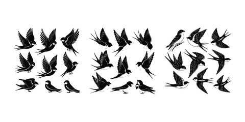Swallow Bird Vector | Minimal Flying Silhouette Art Flying Swallow Silhouette Set | Bird Outline Vector