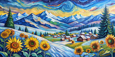 A lively scene showcases a village surrounded by colorful sunflowers and majestic mountains. The sky is alive with swirling stars as the sun sets, creating a serene atmosphere