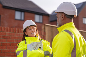 Construction site meeting between two workers discussing plans while wearing safety gear