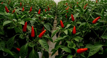 Rows of chili peppers growing in greenhouse, abundance of ripening vegetables for seasonal harvest, commercial cultivation for farm market and organic food selling