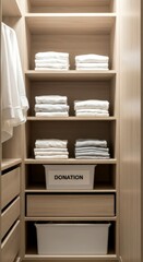 Organized closet with neatly folded clothes and a donation box. Storage solution for home organization, decluttering, charity donation and wardrobe arrangement, for domestic needs.