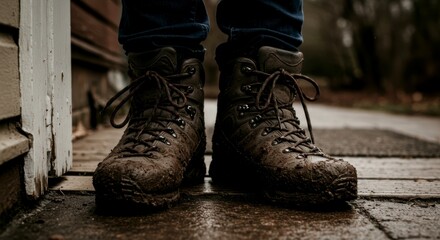 Man in muddy hiking boots standing on wet wooden deck after trekking in nature for outdoor travel adventure, hiking gear for off-road trail activities in blurred background