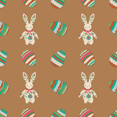 Happy Easter. Spring holiday. Hand drawn vector pattern with easter eggs and bunnies.