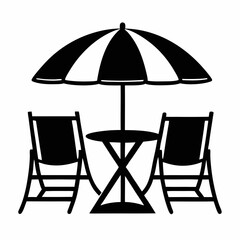 Beach Umbrella With Two Chairs And Table Relaxing Summer Scene Silhouette