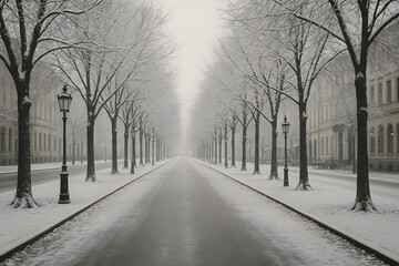 Atmospheric Winter Street Scene with Snow-Covered Trees and Lampposts