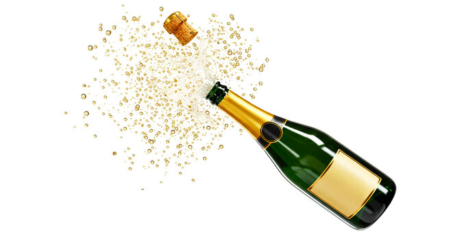 An illustration of a champagne bottle popping open with a celebratory burst of its cork and sparkling confetti, capturing the excitement of a grand celebration or announcement.