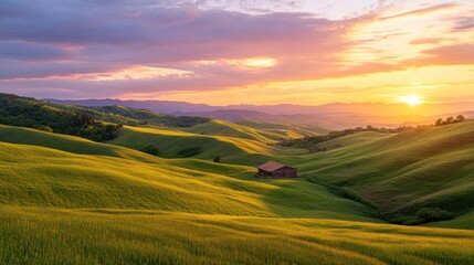 Obraz premium A serene rural landscape at sunset, with rolling hills, a small wooden barn, and a vibrant sky