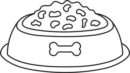 vector illustration of a full bowl of dry pet food, bone drawing, simple linear icons, doodle and sketch style, hand-drawn, isolated on a white background
