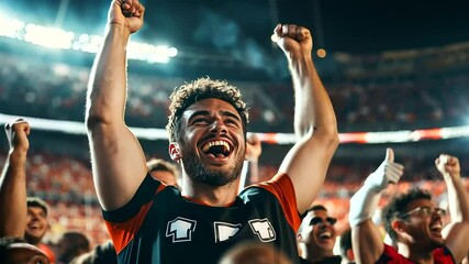 A fan in the front row, with a huge smile and wearing a team jersey, high-fiving fellow supporters as they celebrate the championship win in a packed sports stadium.