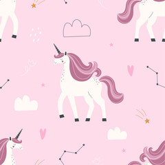 Seamless unicorn pattern on pink background. Vector illustration for printing. Cute baby background for girls