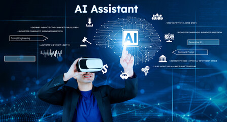 Smart businessman wearing suit and VR goggle while using AI assistance planning plan. Project...