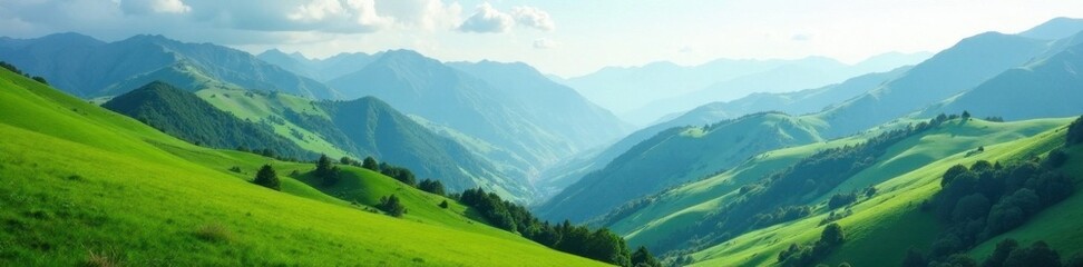 Fototapeta premium Rolling green hills cascading down a majestic mountain range , photography, stock, adventure
