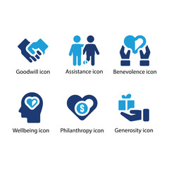 Goodwill, Assistance, Benevolence, Wellbeing, Philanthropy, Generosity, Blue Icon Set