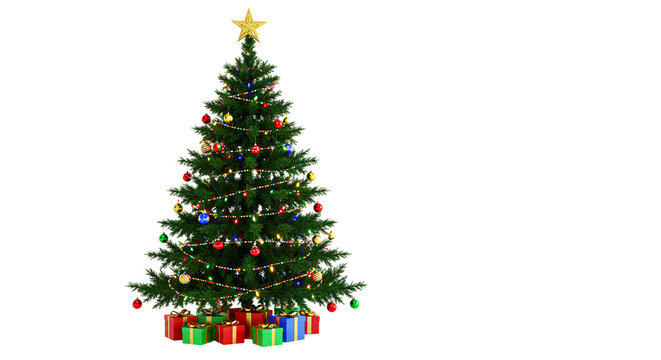 Christmas tree decorated with ornaments gifts star holiday season celebration festive evergreen pine new year