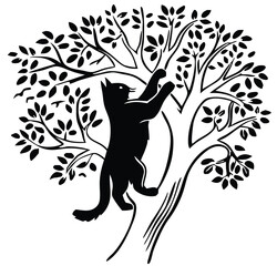 Fototapeta premium Cat Climbing Tree Silhouette Illustration: Detailed Black and White Feline in Nature Scene with Leafy Branches