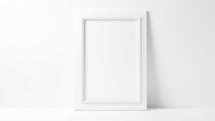 Blank white picture frame standing upright against a plain white wall background.