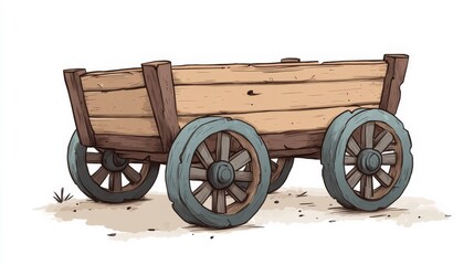 A worn and old wooden wagon of a rustic appearance stands on a white background. Concept of nostalgia and simplicity, as if it were from a bygone era