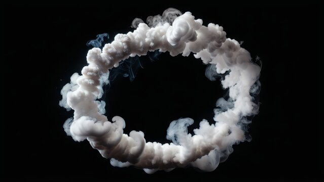 Circular white smoke ring swirling in mid-air on dark background.