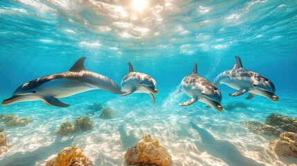 Fototapeta premium Four dolphins gracefully swim underwater amidst shimmering sunlight and coral formations