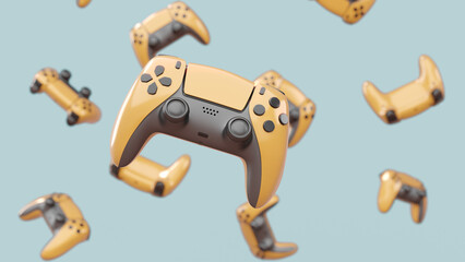 Realistic video game joysticks or gamepads rotating and falling on grey