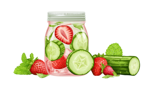 Transparent jar with colorful infused water (strawberry, cucumber, mint), hyper-detailed, PNG format