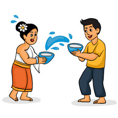 A girl and a boy are playing Songkran festival(Thai water festival)
