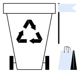Recycling bin with eco symbol, flag, and bag emphasizing waste reduction, eco awareness, and clean living. Ideal for sustainability, recycling, environment, green practices eco branding waste