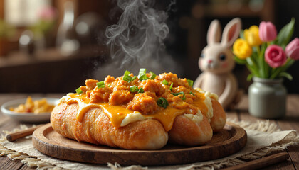  vibrant image of homemade bunny chow, creamy  curry in bread, cozy indoor dining table with spring flowers, front view emphasizing the dish's steam and aroma, subtle lighting with a homely feel