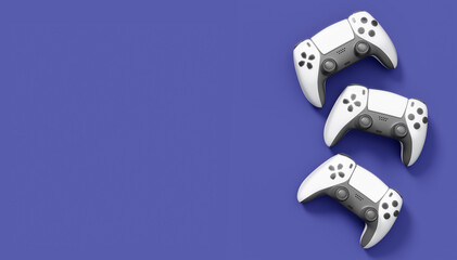 Realistic white video game joysticks or gamepads on violet background © Vasyl Onyskiv