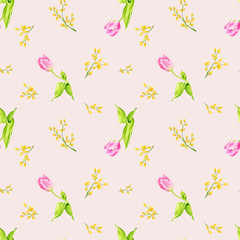 Seamless pattern with spring flowers on beige background. Watercolor tulips and mimosa. Spring, Mother's Day, Easter, Women's Day, Birthday. Background for cards, posters, wrapping paper, wallpaper.