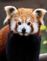 Close-up of red panda face with bushy red and white fur