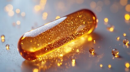 Shimmering Capsule with Glowing Particles on a Reflective Surface