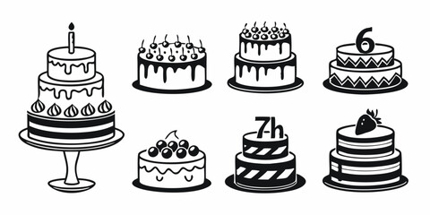 Black and White Cake Vector Illustrations Bakery Desserts