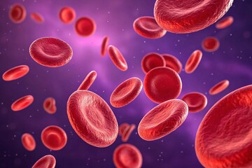 Macro View of Vibrant Red Blood Cells in Motion on Purple Background – Medical and Science Concept