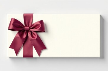 Top view. White gift box with burgundy bow on white background.
