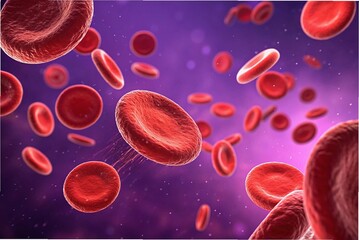 Macro View of Vibrant Red Blood Cells in Motion on Purple Background – Medical and Science Concept