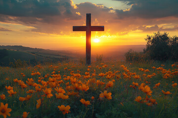 The cross of Jesus on a flowers field, at sunset