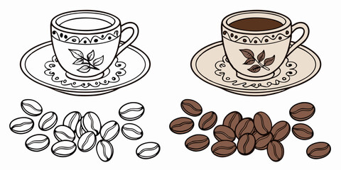 Obraz premium Cartoon Coffee Cups and Beans Black and White Outline and Color Illustration