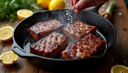 Fototapeta premium Grilled meat texture of beef short ribs in cast iron skillet with distinctive charred ridges, caramelized edges and glistening rendered fat under sprinkled salt
